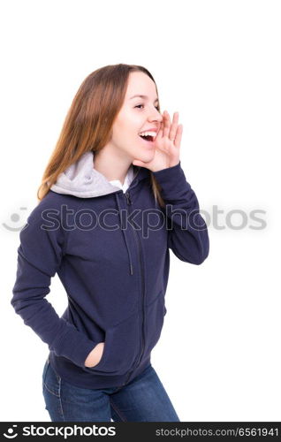 Woman screaming at someone, isolated over a white background