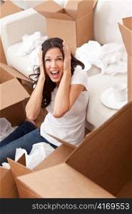 Woman Screaming Unpacking Boxes Moving House