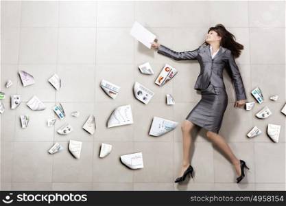 Woman secretary. Funny image of businesswoman running with documents in hand