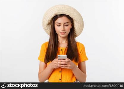 Woman sending a sms on cell phone, isolated on white background.. Woman sending a sms on cell phone, isolated on white background