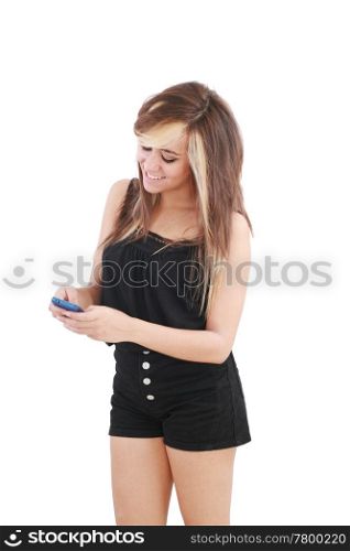 woman sending a text message on her mobile phone - isolated