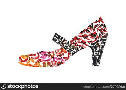 Woman shoe shape made of other shoes