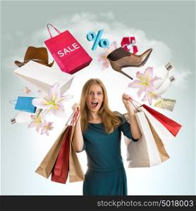 Woman shopping concept. Collage with different shopping symbols around girl