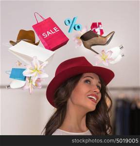 Woman shopping concept. Collage with different shopping symbols around girl