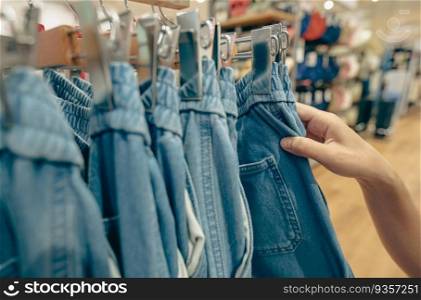 Woman shopping denim pants in clothing store. Woman choosing clothes. Jeans on hanger hanging on rack in clothing store. Fashion retail shop inside shopping mall. Clothes on hangers in a clothes shop.