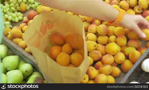 Woman shopping for fruit on the market. She selecting apricots on the counter and putting them into paper bag