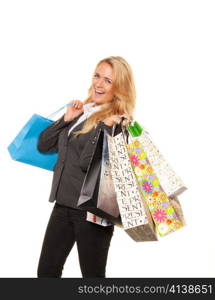 woman shopping with many shopping bags has joy