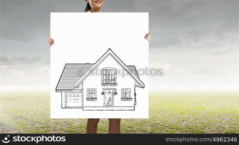Woman show banner. Unrecognizable woman holding placard with house symbol