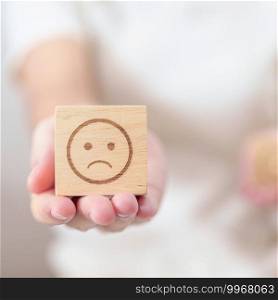 Woman show Unhappy Sad face block, Mental health Assessment, Psychology, Health Wellness, Feedback, Customer Review, Experience, Satisfaction Survey, Negative Thinking and World Mental Health day