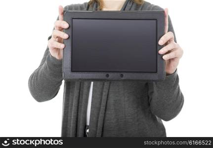 Woman showing a digital tablet, isolated, detail