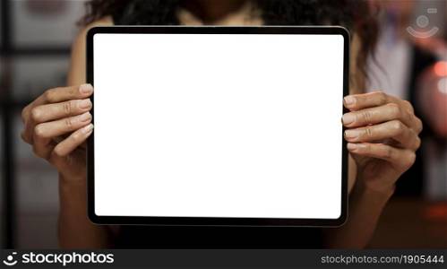 woman showing empty screen tablet new year s eve party. Beautiful photo. woman showing empty screen tablet new year s eve party