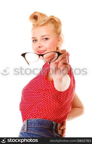 Woman showing eyewear. Beautiful girl retro hairstyle holding glasses studio shot isolated on white