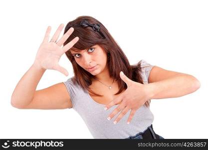 Woman showing framing hand gesture - isolated