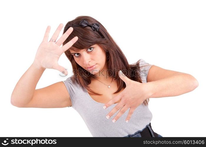 Woman showing framing hand gesture - isolated