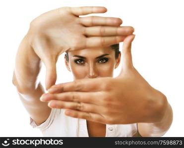 woman showing framing hand gesture on white background