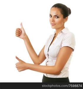 woman showing ok gesture on white background