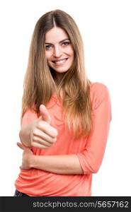 Woman showing thumbs up over white background