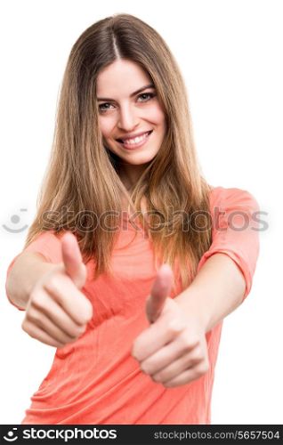 Woman showing thumbs up over white background