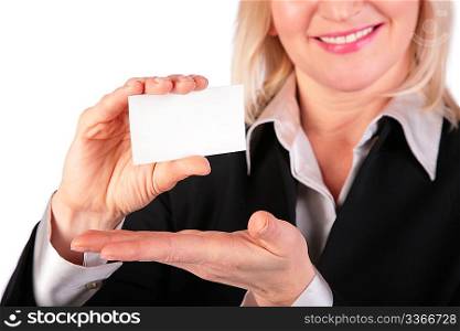 Woman showing white card for text 2