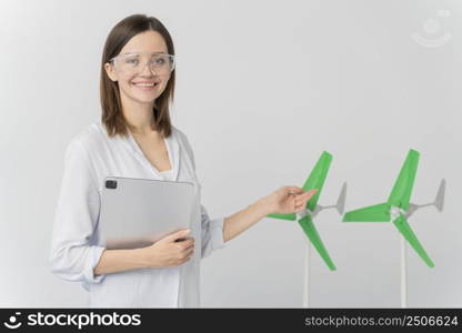 woman showing wind energy innovation