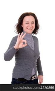 woman shows gesture ok isolated on white background