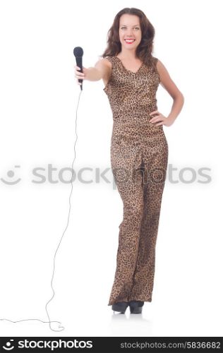 Woman singer with microphone on white