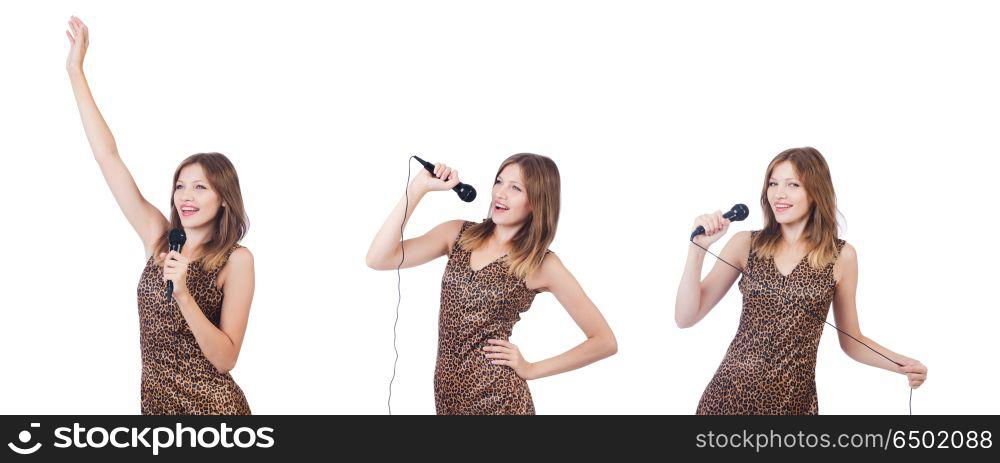 Woman singer with microphone on white