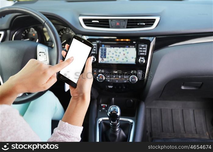 woman sit in modern car in front of dashboard