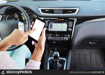 woman sit in modern car in front of dashboard