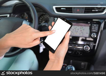 woman sit in modern car in front of dashboard