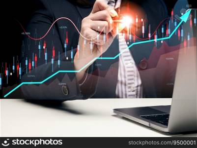 Woman sits at a laptop in front of a holographic chart with growing indicators. Business development, high financial performance, success.