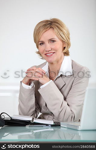 Woman sitting at her desk with laptop and open diary