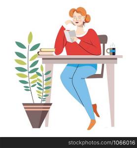 Woman sitting by table and reading book studying lady vector female holding textbook printed material and getting new information from booklet coffee cup and publication plant in pot home decor.. Woman sitting by table and reading book studying lady