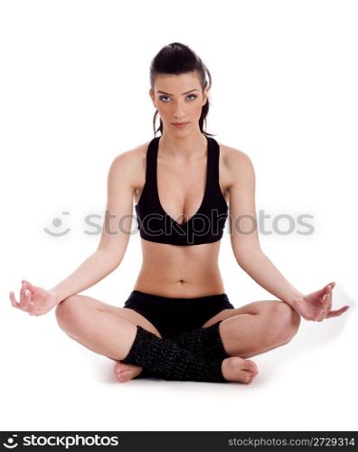 Woman sitting in meditation posture over white background
