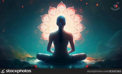 Woman sitting in yoga lotus pose and her connection to meditative space. generative AI
