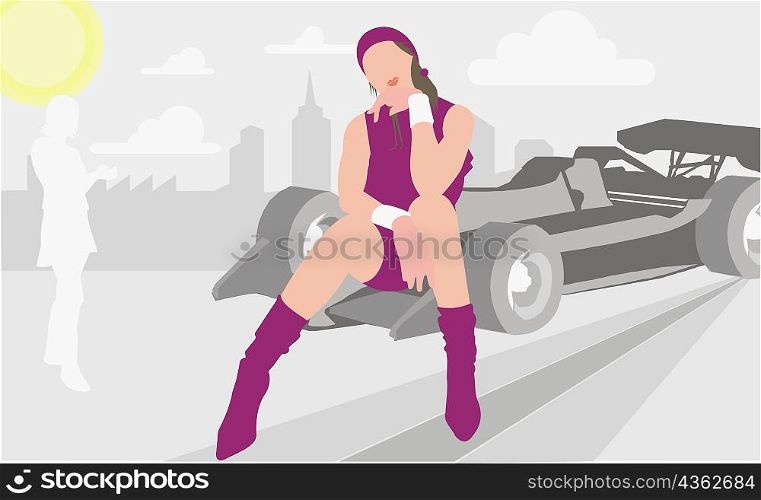 Woman sitting on a car