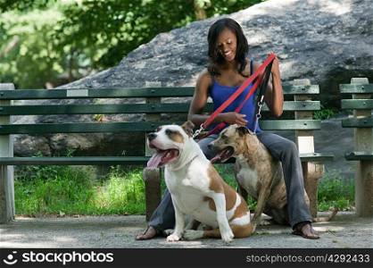 Woman sitting on a park bench with her two dogs