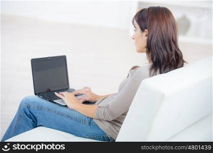 woman sitting on sofa with a laptop in a room
