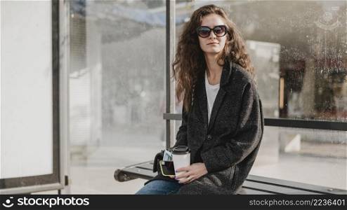 woman sitting waiting bus station