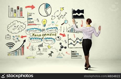 Woman sketching business strategy. Back view of businesswoman drawing colorful business ideas on wall