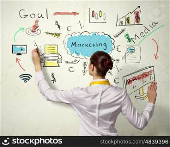 Woman sketching business strategy. Back view of businesswoman drawing colorful business ideas on wall