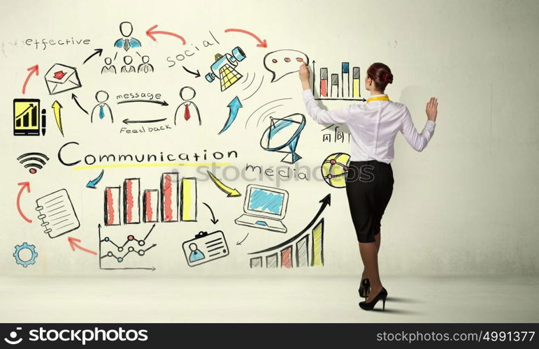 Woman sketching business strategy. Back view of businesswoman drawing colorful business ideas on wall