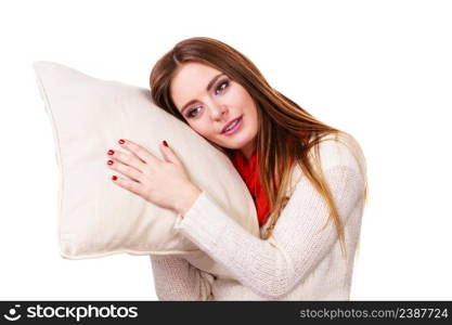 Woman sleepy tired girl holding pillow almost falling asleep. Health balance sleep deprivation concept. Female student or worker with lack of slumber on white. Girl relaxing on pillow.
