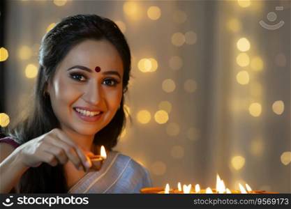 Woman smiling with a diya in her hand