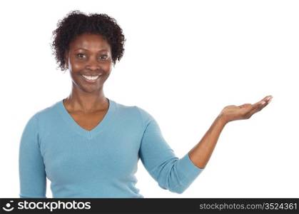 Woman smiling with her hand extended a over white background