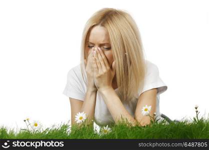 Woman sneezing of spring allergy. Woman sneezing of spring and pollen allergy,isolated on white background