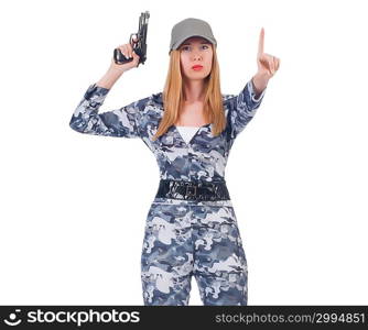 Woman soldier isolated on white
