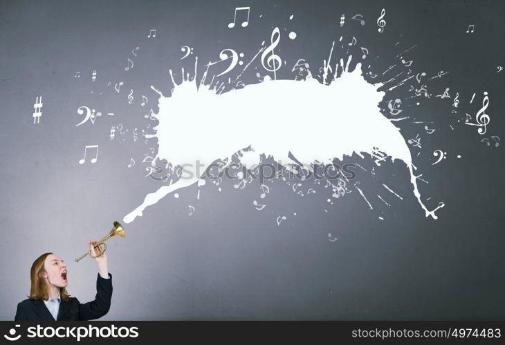 Woman speaking in horn. Young businesswoman in suit proclaiming something in horn