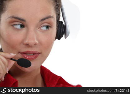 Woman speaking into her headset