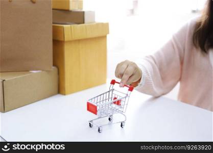 Woman spending money with Small shopping cart with internet banking on Laptop for Internet online e-commerce shopping. working from home